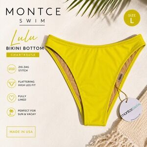 Montce Swim Lulu Bikini Bottom Chartreuse Yellow High Leg Zig Zag Stitch Large